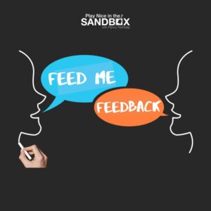 A man drawing 2 face talking to each other saying "feed me feedback"