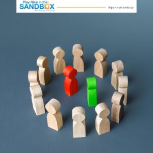 image of a circle of neutral coloured wooden people with a red and a green coloured wooden people in the centre to represent conflict resolution