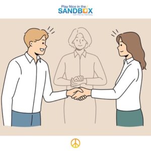 cartoon image of 2 people shaking hands with a transparent image of a third person in the background to show the third story