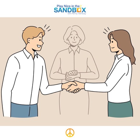 cartoon image of 2 people shaking hands with a transparent image of a third person in the background to show the third story