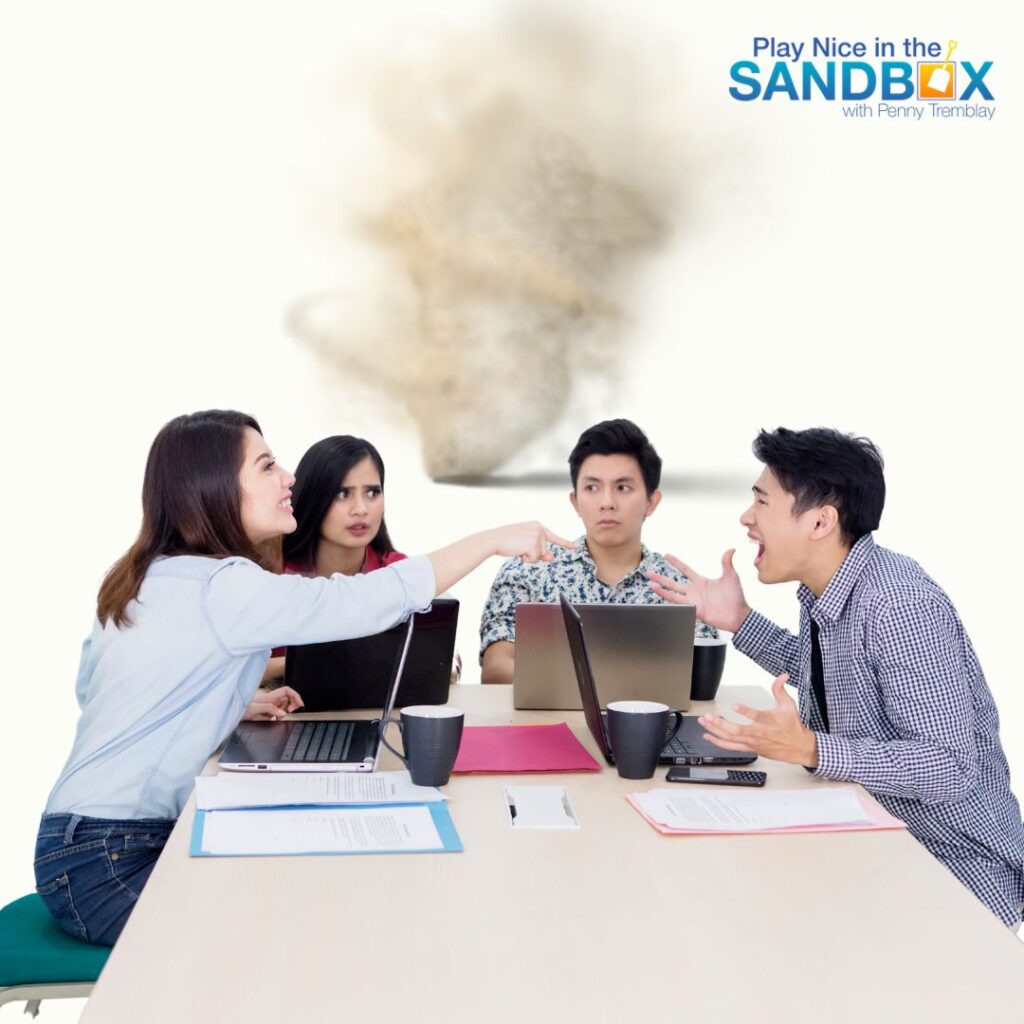 image of 4 coworkers sitting at a table pointing and angry with each other and a tornado cloud in the background. They need to learn the 6 Ways to Tackle Conflict at Work Effectively