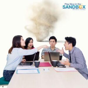 image of 4 coworkers sitting at a table pointing and angry with each other and a tornado cloud in the background. They need to learn the 6 Ways to Tackle Conflict at Work Effectively