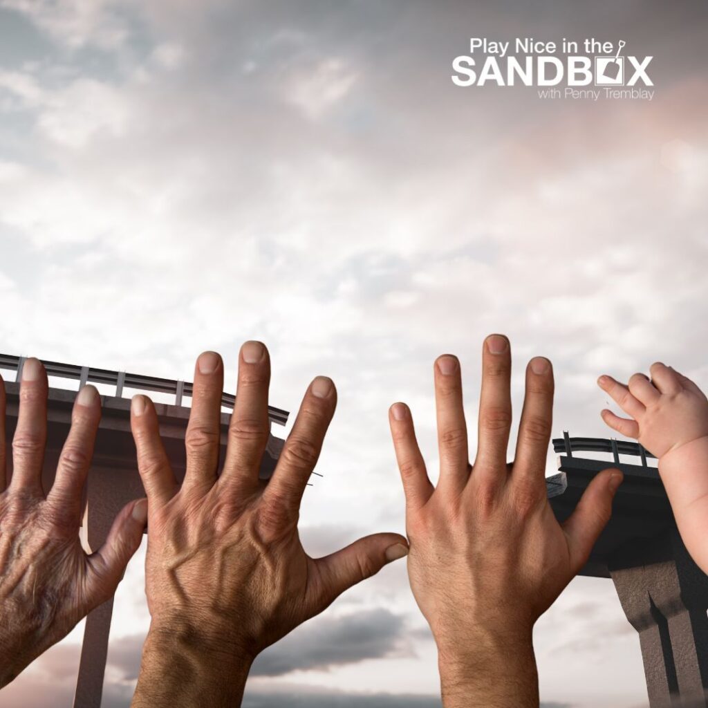 to show bridging the generational gap, we have an image of 4 hands of different generations outstretched to the sky in front of an incomplete bridge