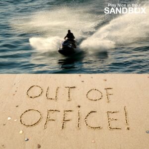 image of a person on a jet ski and in the sand is written OUT OF OFFICE to show transparency from the CEO