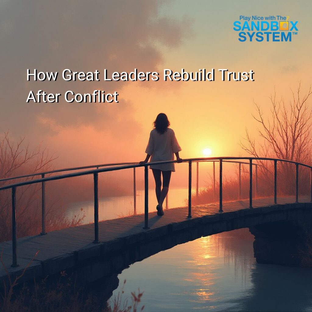 image of a woman standing on a bridge looking at the sunrise and text that says How Great Leaders Rebuild Trust After Conflict