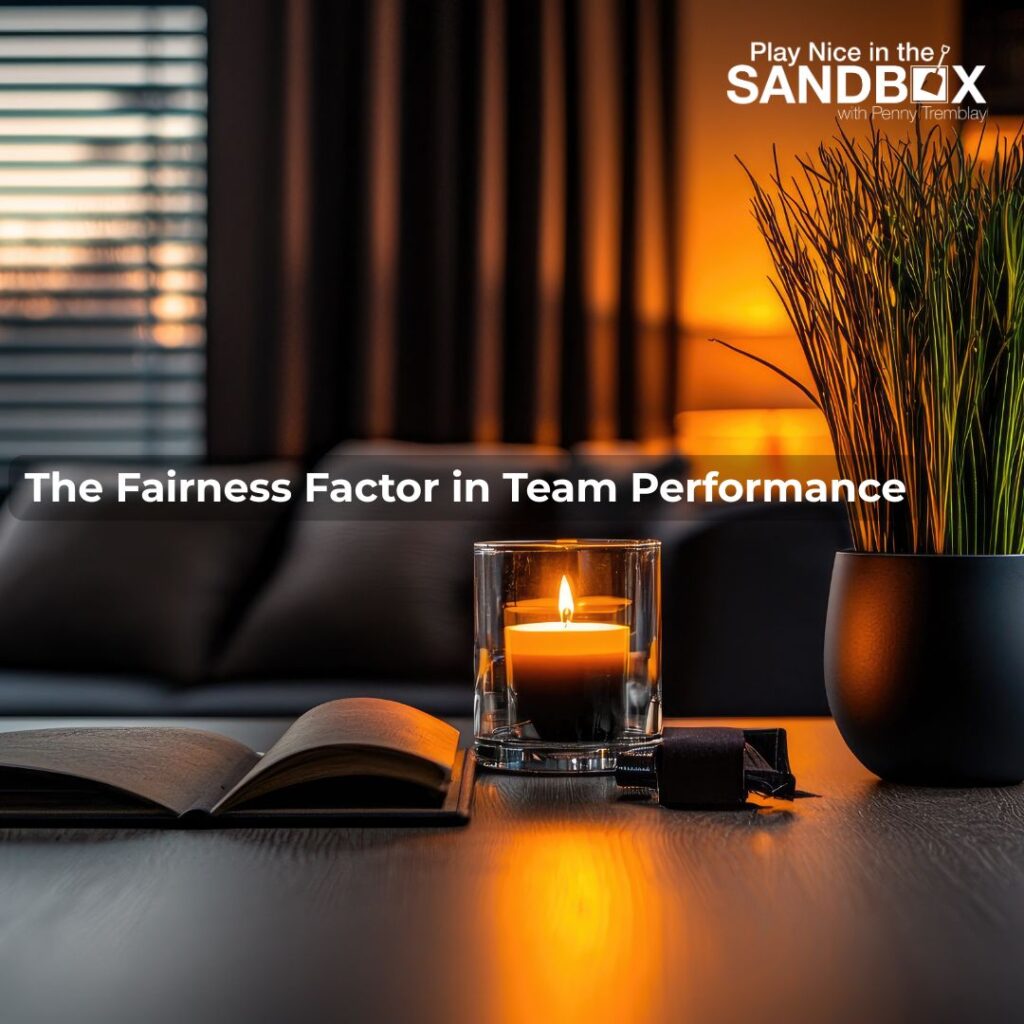 image of an open book on a table beside a candle and text that says The Fairness Factor in Team Performance