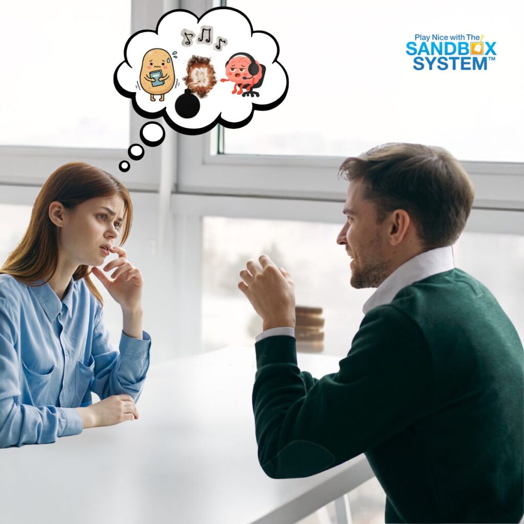 image of 2 people talking at a table with a thought bubble over one of their heads and many icons in the bubble to show The Voice in Your Head During Conflict